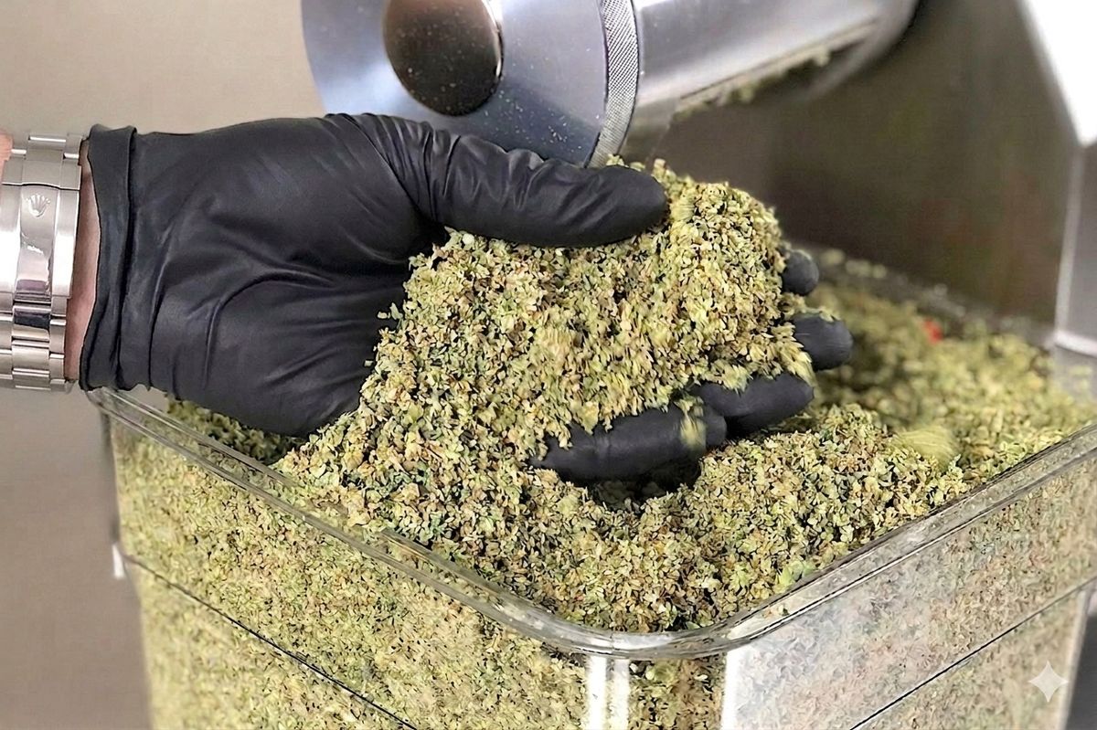 A gloved hand in freshly shredded flower.