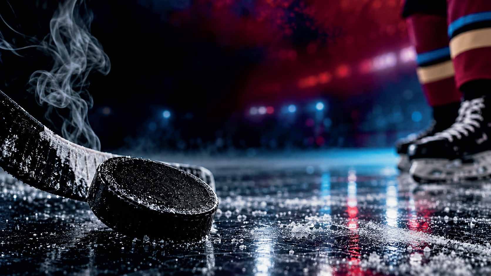 A hockey stick and puck on ice with smoke rising, as a skater in maroon and black stands nearby.